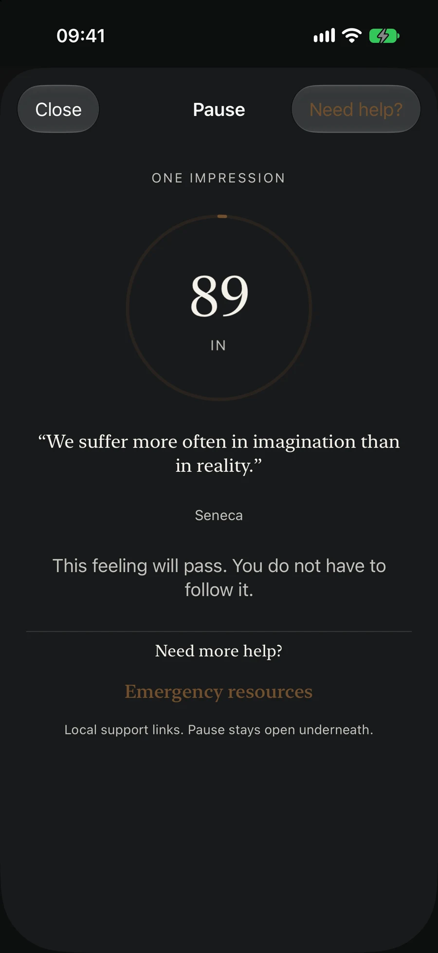Stoic Days 90-second Pause for cravings with a Stoic quote on iPhone