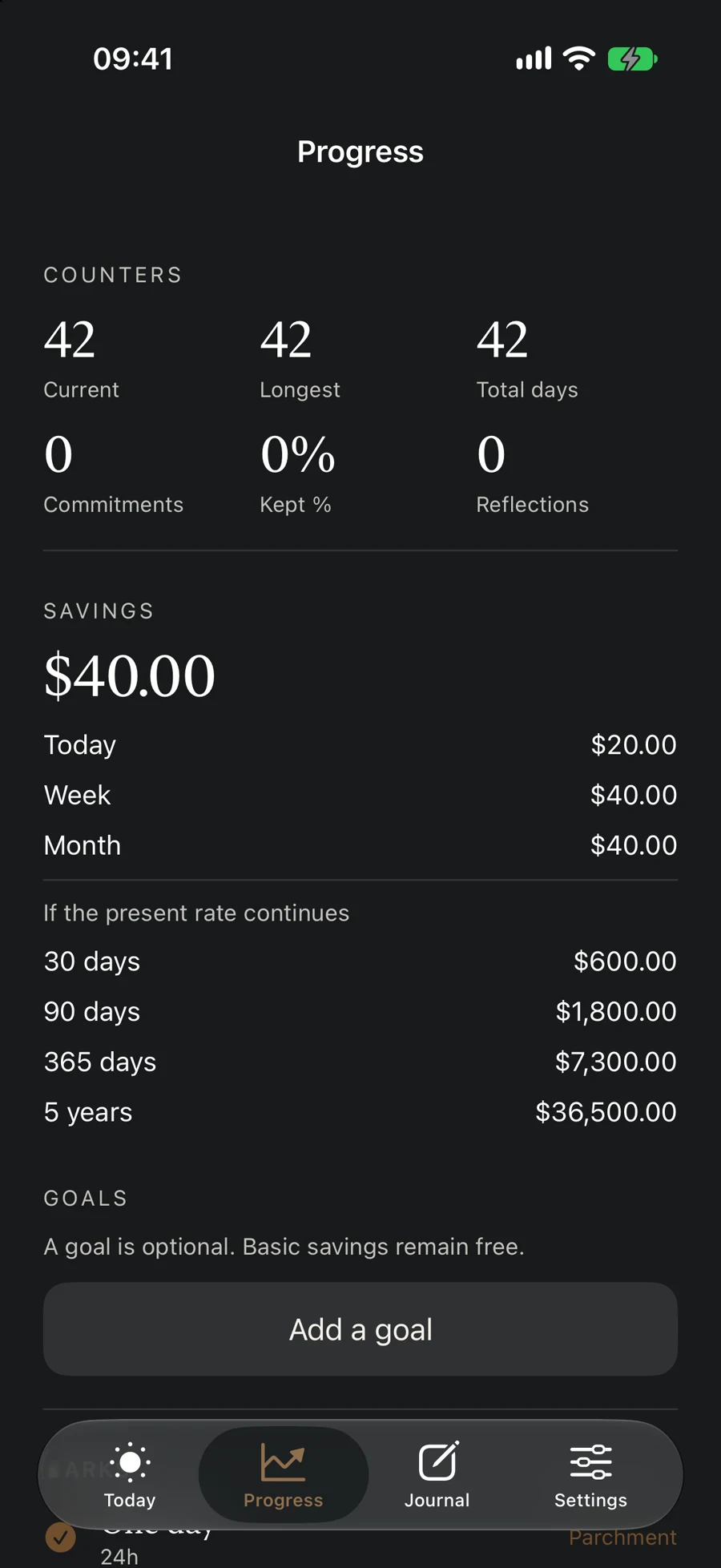 Stoic Days progress screen with current, longest and total sober days on iPhone
